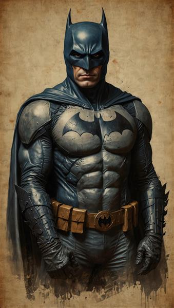 پرتره نیم‌تنه بتمن با لباس آبی و کمربند طلایی طرح کلاسیک با اثرات هنری آبرنگ برای چاپ