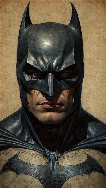 پرتره کلوزآپ بتمن با نگاه نافذ و زره تیره تصویر سینمایی با جزئیات بالا برای چاپ عریض