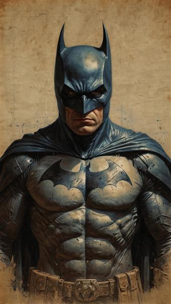 پرتره نیم‌تنه بتمن با لباس آبی تیره و زرهی طرح باکیفیت برای تابلو دکوراتیو با پس‌زمینه کاغذی