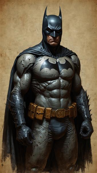 بتمن قدرتمند با لباس زرهی و کمربند طلایی تصویر تمام قد تم قدیمی برای پوستر سینمایی