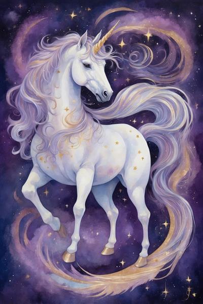 تک‌شاخ سفید در کهکشان بنفش و طلایی طرح دکوراتیو لوکس آبرنگی برای چاپ روی تابلو