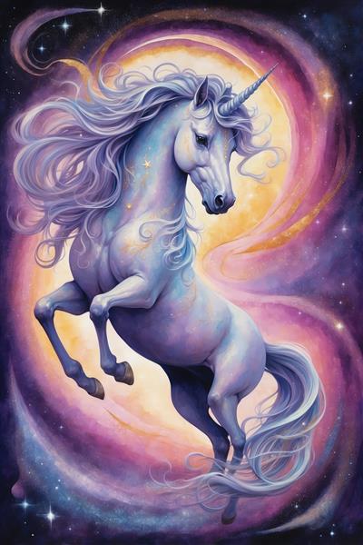 تک‌شاخ زیبای کهکشانی در حال شیهه کشیدن طرح آبرنگی فوق‌العاده برای پوستر فانتزی