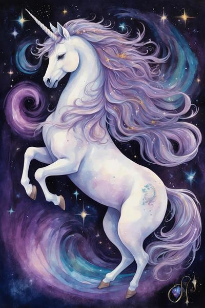 تک‌شاخ سفید در حال ایستادن با یال بلند بنفش طرح دکوراتیو باکیفیت و رنگ‌های عمیق کهکشانی