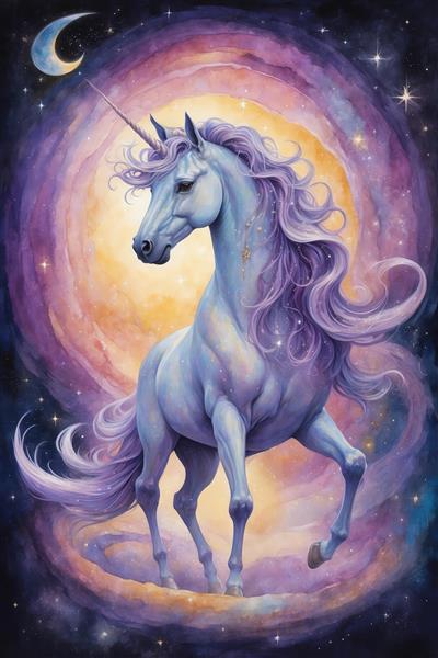 تک‌شاخ بنفش روشن با ماه و کهکشان گردابی طرح هنری فوق‌العاده با جزئیات بالا برای چاپ بزرگ