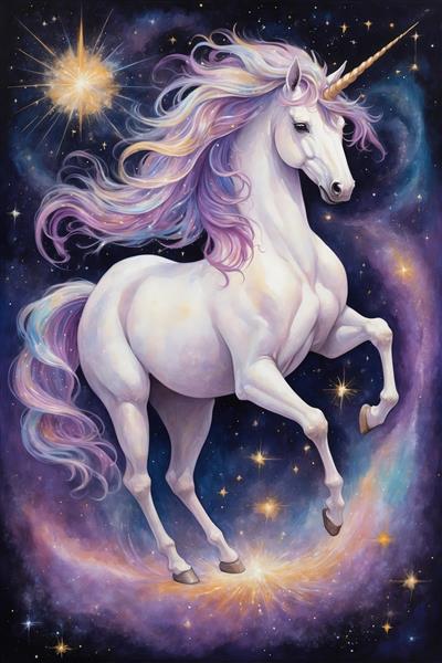 تک‌شاخ سفید با یال بلند رنگین‌کمانی در میان ستاره‌ها تصویر فانتزی برای اتاق دخترانه