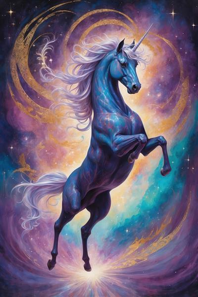 تک‌شاخ آبی کهکشانی پرانرژی در حال بلند شدن طرح دکوراتیو با کیفیت فوق العاده با رنگ‌های گرم