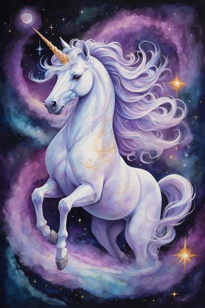 تک‌شاخ سفید در حال شیهه کشیدن در فضای پر ستاره طرح آبرنگی عالی برای چاپ تابلو و دکوراسیون