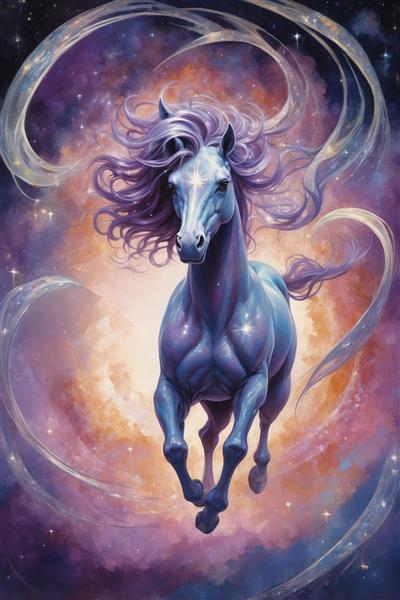 تک‌شاخ آبی کهکشانی در حال دویدن تصویر فانتزی و مدرن با پس‌زمینه دایره‌ای نارنجی و بنفش