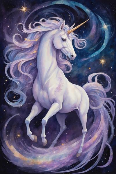 تک‌شاخ باشکوه سفید با یال بنفش در مه کهکشانی طرح هنری و آبرنگی برای چاپ عریض و لوکس