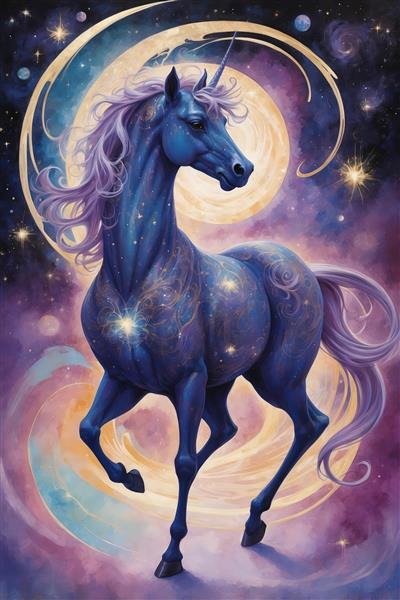 تک‌شاخ آبی تیره با طرح ستاره در کهکشان مارپیچ تصویر دکوراتیو باکیفیت برای فضاهای فانتزی