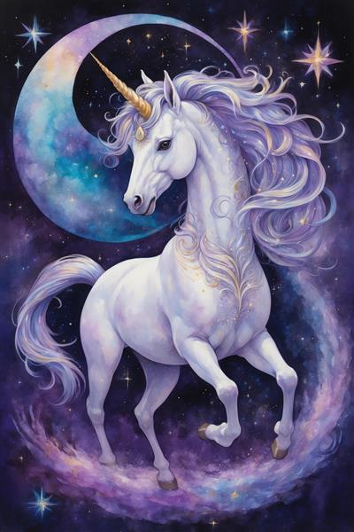 تک‌شاخ سفید در کهکشان بنفش و ماه هلالی تصویر فانتزی آبرنگی برای چاپ پوستر و تابلو مدرن