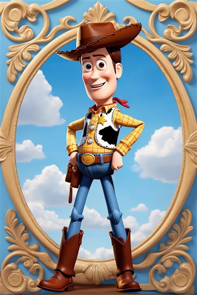 وودی کابوی در قاب طلایی بیضی با پس‌زمینه آسمان ابری طرح دکوراتیو باکیفیت کارتون داستان اسباب بازی