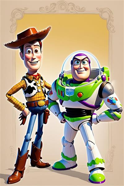 وودی و باز لایتر در کادر عاجی رنگ تصویر شیک باکیفیت زوج ماجراجوی انیمیشن با پس زمینه گرم