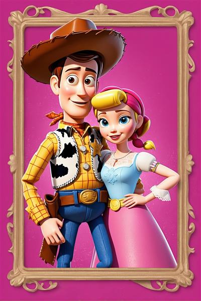 وودی و بو پیپ در قاب طلایی فانتزی تصویر باکیفیت از زوج محبوب کارتونی با پس زمینه صورتی