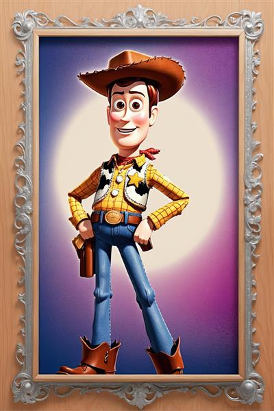 پوستر وودی با کلاه کابویی در قاب چوبی تصویر تمام قد دکوراتیو با نور پس‌زمینه برای اتاق کودک