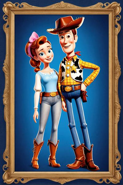 وودی و دختر کابوی در قاب طلایی شیک تصویر دکوراتیو کیفیت عالی زوج کارتونی با زمینه آبی سلطنتی