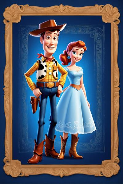 وودی و معشوقه‌اش در کادر چوبی لوکس تصویر باکیفیت برای تابلو و دکوراسیون طرح کلاسیک داستان اسباب بازی