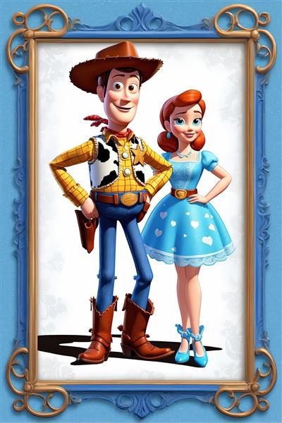 پوستر کارتونی وود‌ و معشوقه‌اش در قاب آبی طرح دکوراتیو کیفیت بالا انیمیشن اسباب بازی
