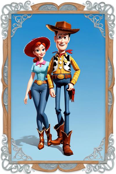 وودی و جسی با لباس آبی جذاب و کلاه، طرح مدرن وسترن در قاب بیضی قرمز