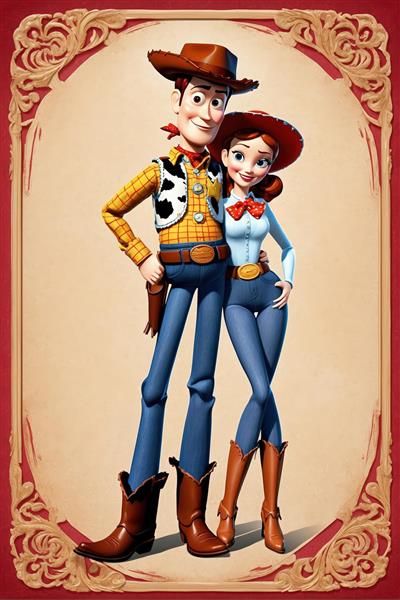 وودی و جسی با لباس جذب و کلاه، طرح مدرن وسترن در قاب بیضی قرمز