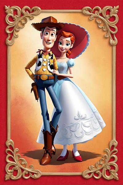 وودی و جسی با لباس سفید، قاب طلایی و قرمز، طرح رمانتیک