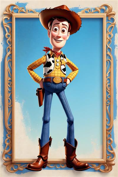 وودی گاوچران در قاب چوبی سلطنتی، طرح تمام‌قد باکیفیت برای دکور و پوستر