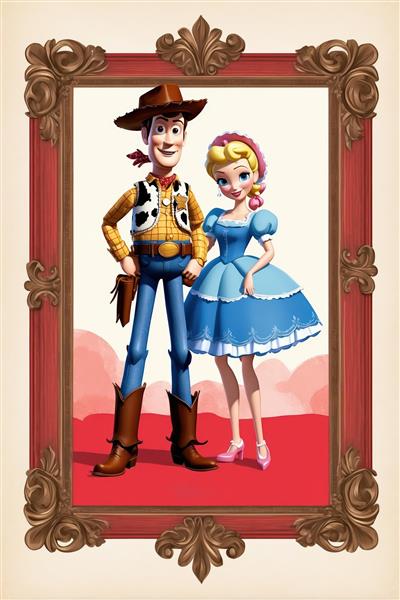 وودی و بو پیپ با لباس آبی رقص در قاب قرمز قهوه‌ای، طرح دکوراتیو