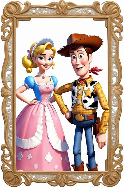 وودی و بو پیپ با لباس پرنسسی صورتی و آبی در قاب چوبی سلطنتی