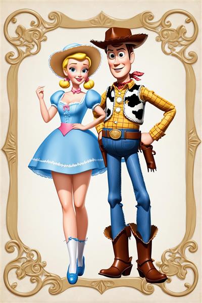 وودی و بو پیپ با لباس کوتاه و چکمه‌های بلند، طرح رسمی انیمیشن داستان اسباب بازیدر قاب عتیقه