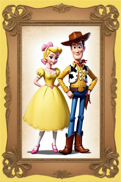 وودی و بو پیپ با لباس زرد پرنسسی در قاب چوبی، طرح فانتزی انیمیشن داستان اسباب بازی