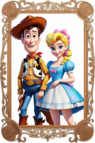 وودی و بو پیپ با لباس آبی طرح‌دار در قاب کلاسیک، تصویر کارتونی برای دکور