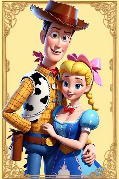 پرتره وودی و بو پیپ با لباس آبی فانتزی در قاب طلایی، کیفیت بالا برای چاپ