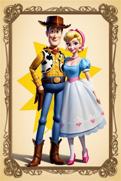 پرتره نزدیک وودی و بو پیپ با روبان بزرگ و پس‌زمینه زرد، طرح باکیفیت برای چاپ عریض