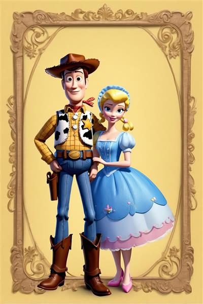 وودی و بو پیپ با ستاره زرد، لباس‌های عروسکی در قاب قهوه‌ای برای پوستر و تابلو مدرن