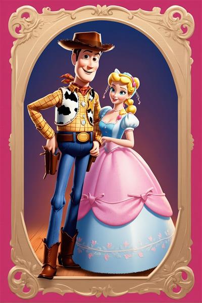 وودی و بو پیپ در قاب چوبی سلطنتی، طرح رسمی و کلاسیک با کیفیت چاپ بالا