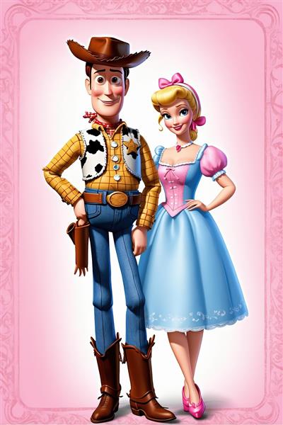 وودی و بو پیپ با لباس‌های متفاوت در قاب صورتی، پرتره بیضی شکل انیمیشن