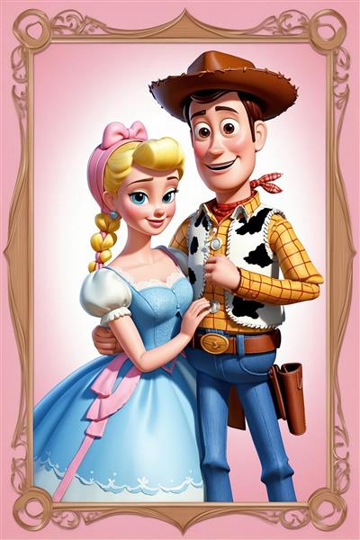 وودی و بو پیپ با لباس آبی صورتی فانتزی، عروسک‌های تمام قد در زمینه صورتی برای دکوراسیون