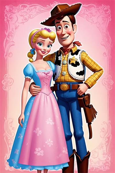 پرتره نزدیک وودی و بو پیپ، لباس آبی و صورتی با موهای بافته، طرح رمانتیک