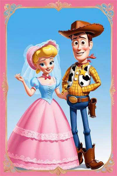 وودی و بو پیپ در آغوش هم، لباس صورتی و آبی با طرح گل‌های فانتزی، مناسب چاپ پوستر