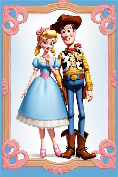 بو پیپ و وودی با قاب صورتی فانتزی، عروسک‌های داستان اسباب‌بازی با لباس آبی و صورتی