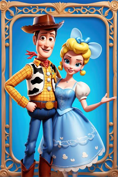 وودی و بو پیپ در قاب طلایی و آبی، عروسک‌های فانتزی اسباب بازی با لباس رمانتیک