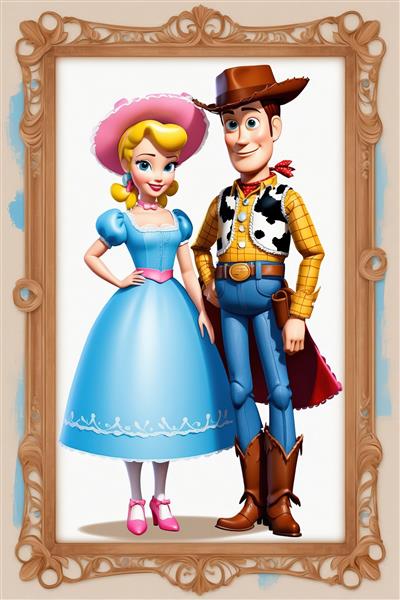 وودی و بو پیپ با قاب چوبی کلاسیک، لباس فانتزی آبی و صورتی، عکس عالی برای تابلو و دکور