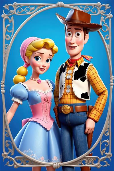 پرتره وودی و بو پیپ با لباس‌های متفاوت، قاب سفید تزئینی، طرح فانتزی باکیفیت