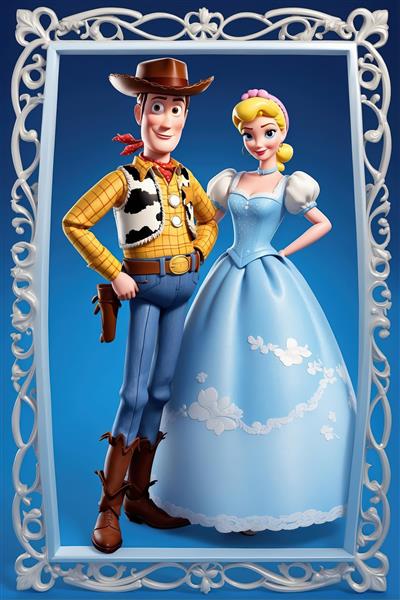 وودی و بو پیپ با لباس پرنسسی آبی در قاب سفید رسمی، طرح شاهکار انیمیشن