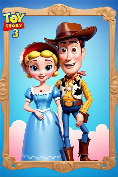 وودی و بو پیپ با لوگوی اسباب بازی طرح نوستالژیک در قاب طلایی، مناسب چاپ پوستر فیلم