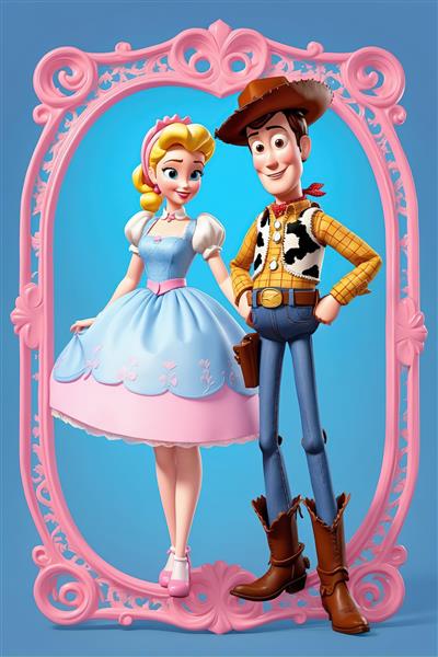 وودی و بو پیپ در مرکز قاب صورتی، پرتره فانتزی و باکیفیت برای محصولات دکوراتیو