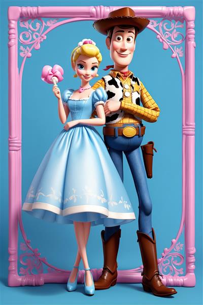 بو پیپ با آب‌نبات چوبی و وودی در قاب فانتزی صورتی، طرح هنری برای پوستر عریض