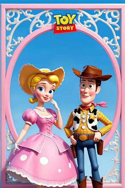 بو پیپ با لباس صورتی پولک‌دار و وودی گاوچران در قاب فانتزی، طرح رسمی کارتون اسباب بازی