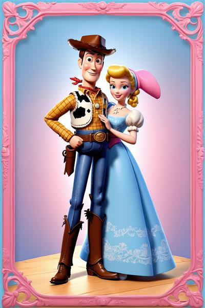 وودی و بو پیپ در لباس بلند آبی وسترن در قاب صورتی، مناسب چاپ دکوراتیو