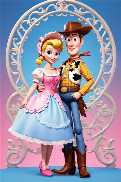 وودی و بو پیپ در قاب فانتزی، عروسک‌های کارتونی برای چاپ دکوراتیو باکیفیت